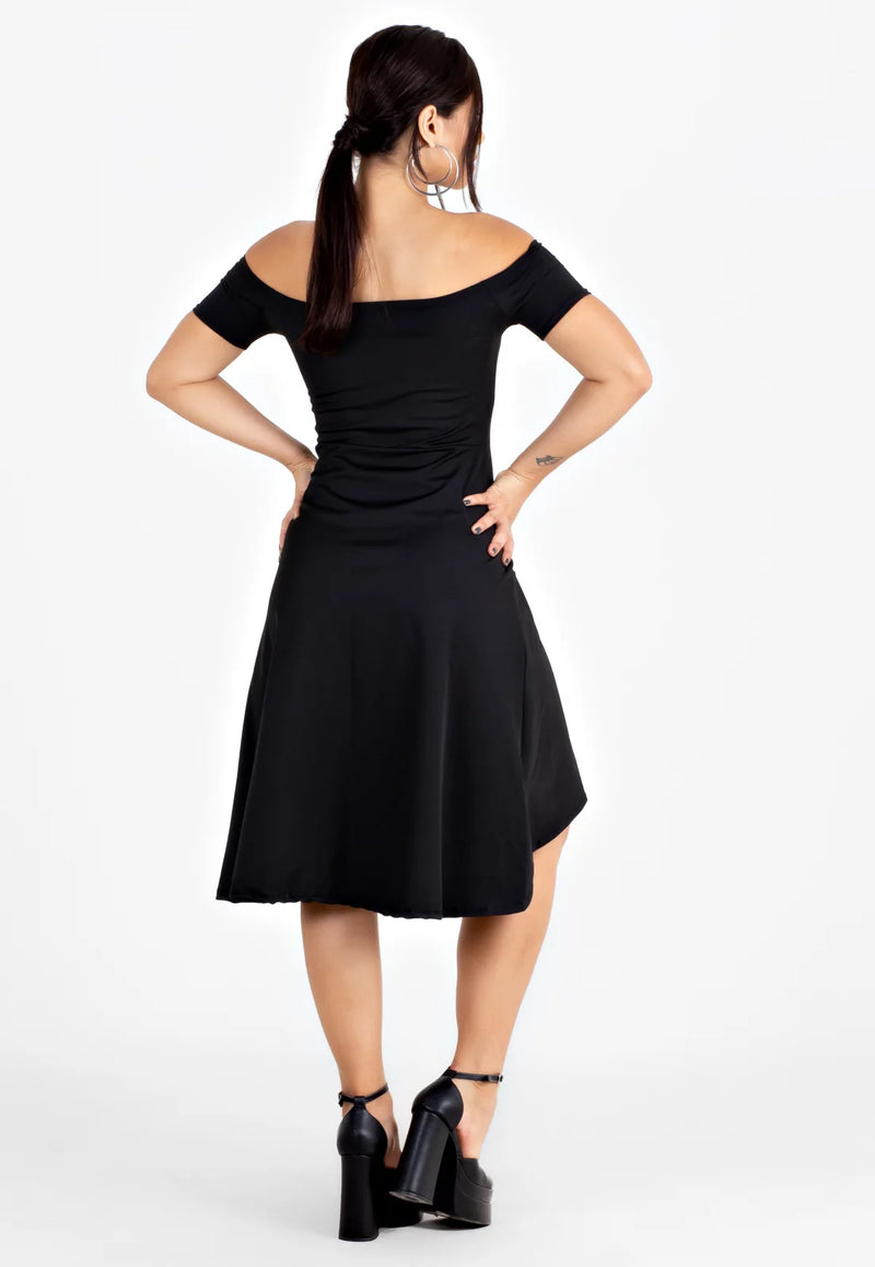 Vestido Feminino Midi Ombro a Ombro Godê Preto | VRP304