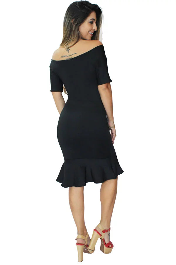 Vestido Midi com Babado Ombro a Ombro