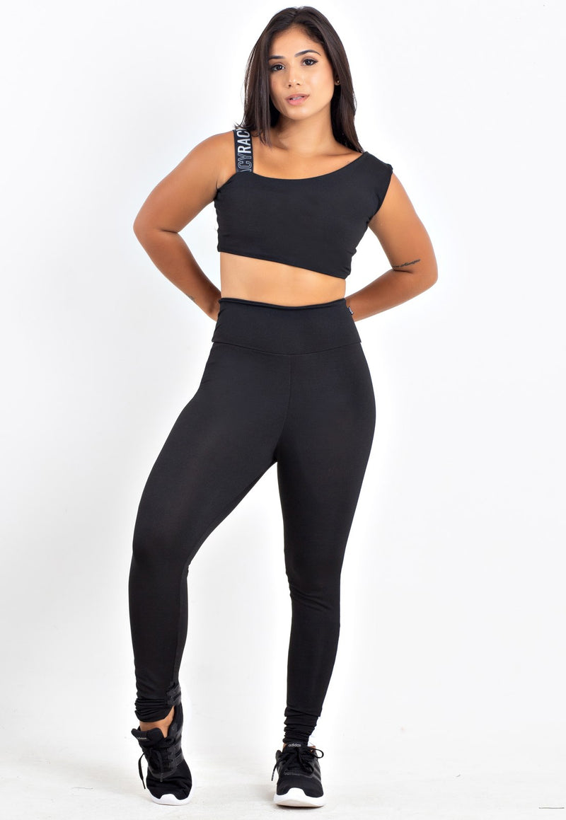 Conjunto Calça Legging Preto Listra Branca Cropped Preto e Branco