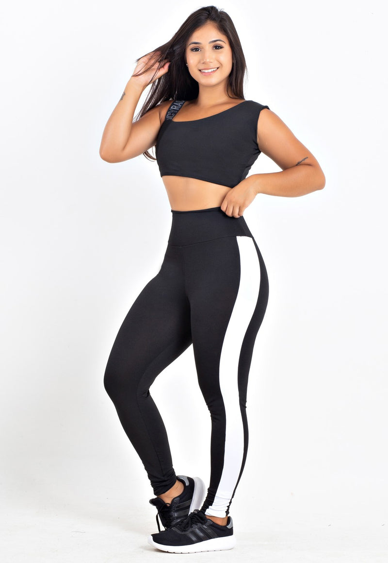 Conjunto Calça Legging Preto Listra Branca Cropped Preto e Branco