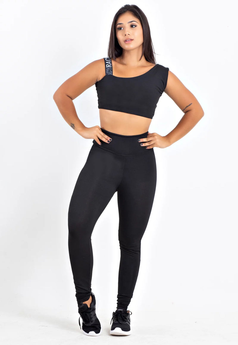 Conjunto Calça Legging Preto Listra Branca Cropped Preto e Branco