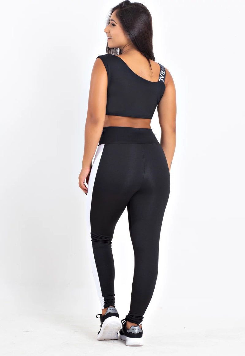 Conjunto Calça Legging Preto Listra Branca Cropped Preto e Branco