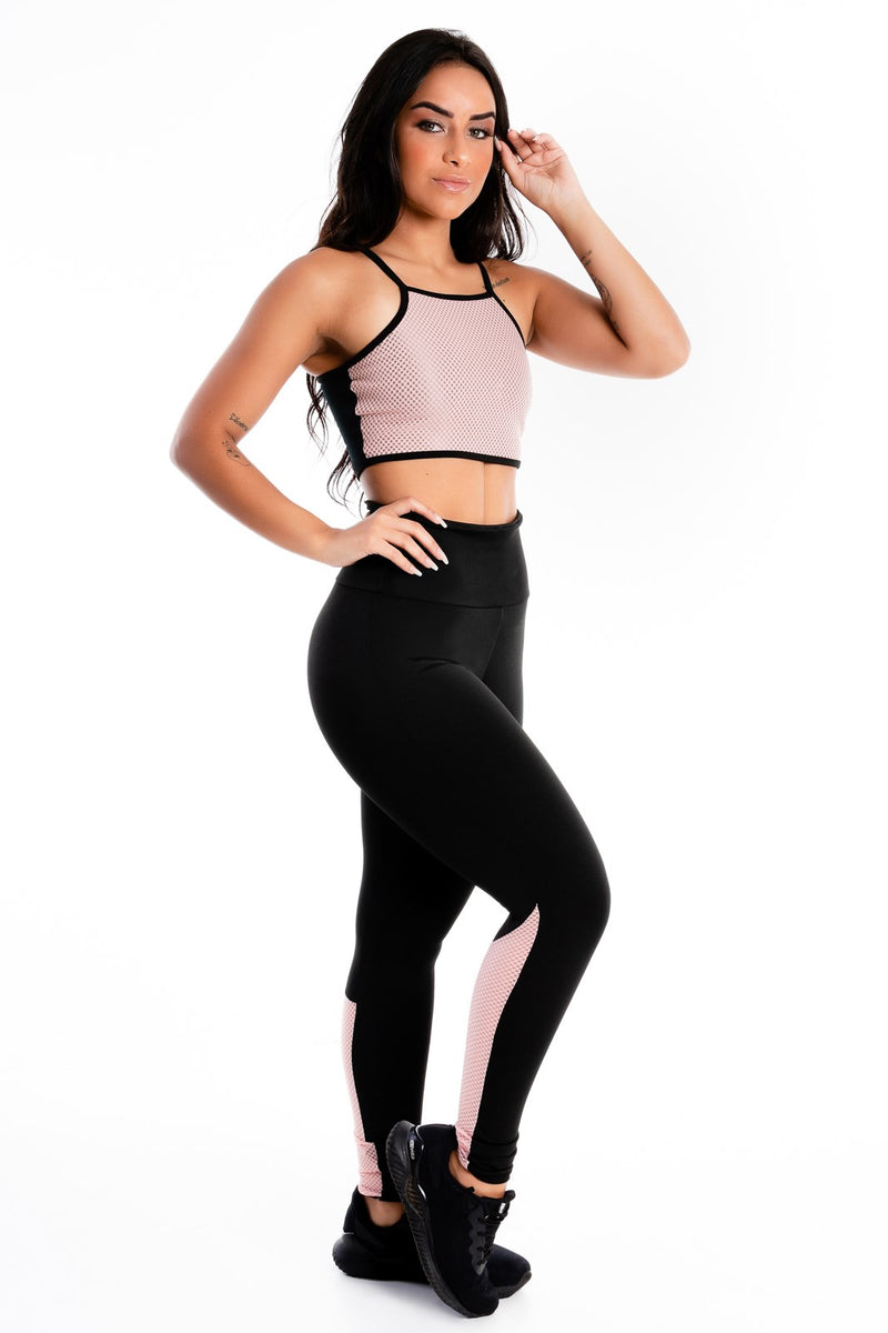 Conjunto Cropped Alcinha e Calça Legging Preto Detalhe Tela Rose
