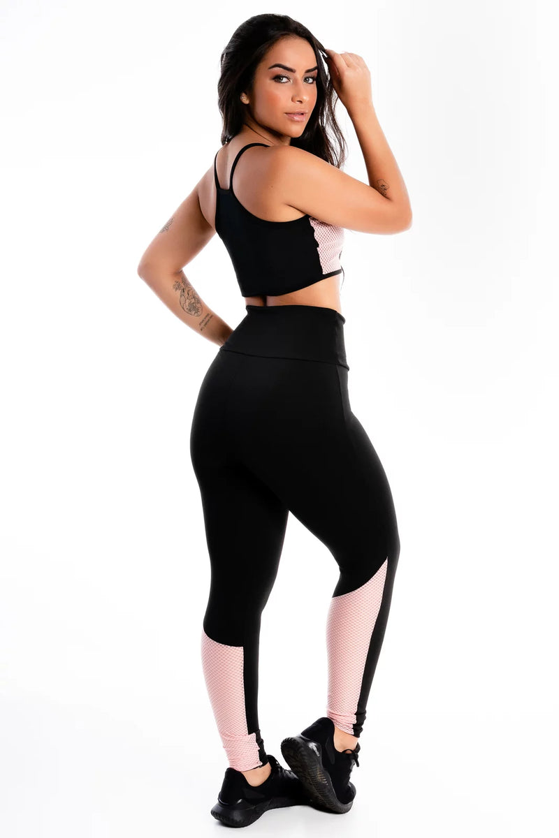 Conjunto Cropped Alcinha e Calça Legging Preto Detalhe Tela Rose