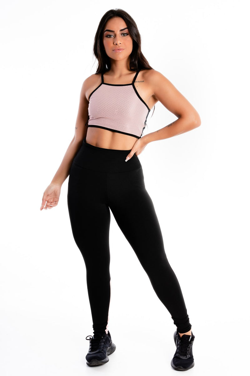 Conjunto Cropped Alcinha e Calça Legging Preto Detalhe Tela Rose