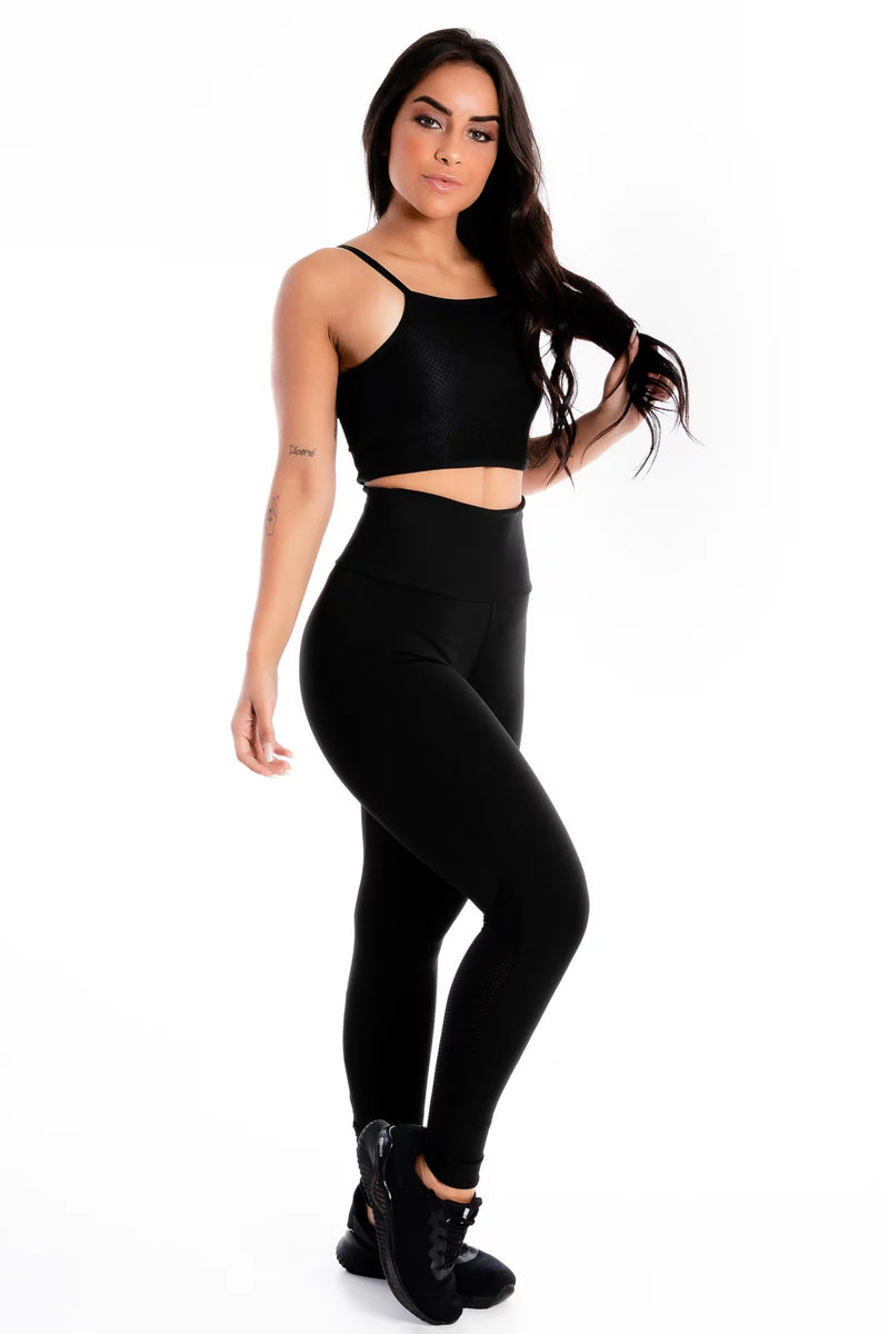 Conjunto Cropped e Calça Legging Detalhe Tela Preto REF: LX279