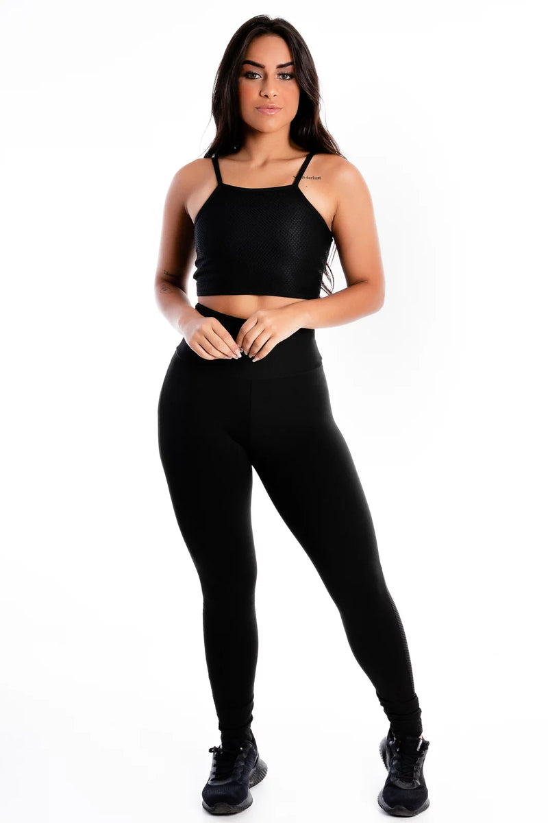 Conjunto Cropped e Calça Legging Detalhe Tela Preto REF: LX279