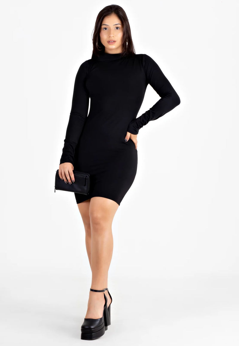 Vestido Feminino Manga Longa e Gola Alta Tubinho Preto
