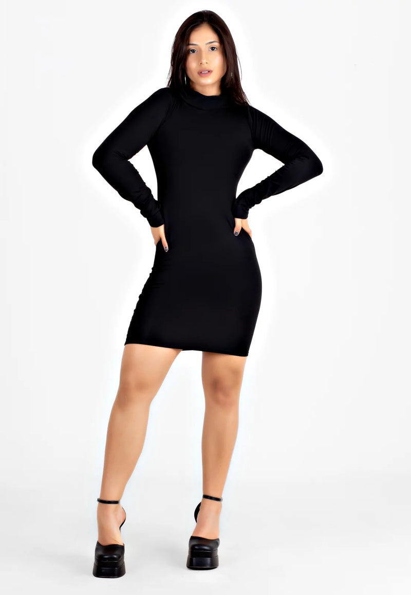 Vestido Feminino Manga Longa e Gola Alta Tubinho Preto