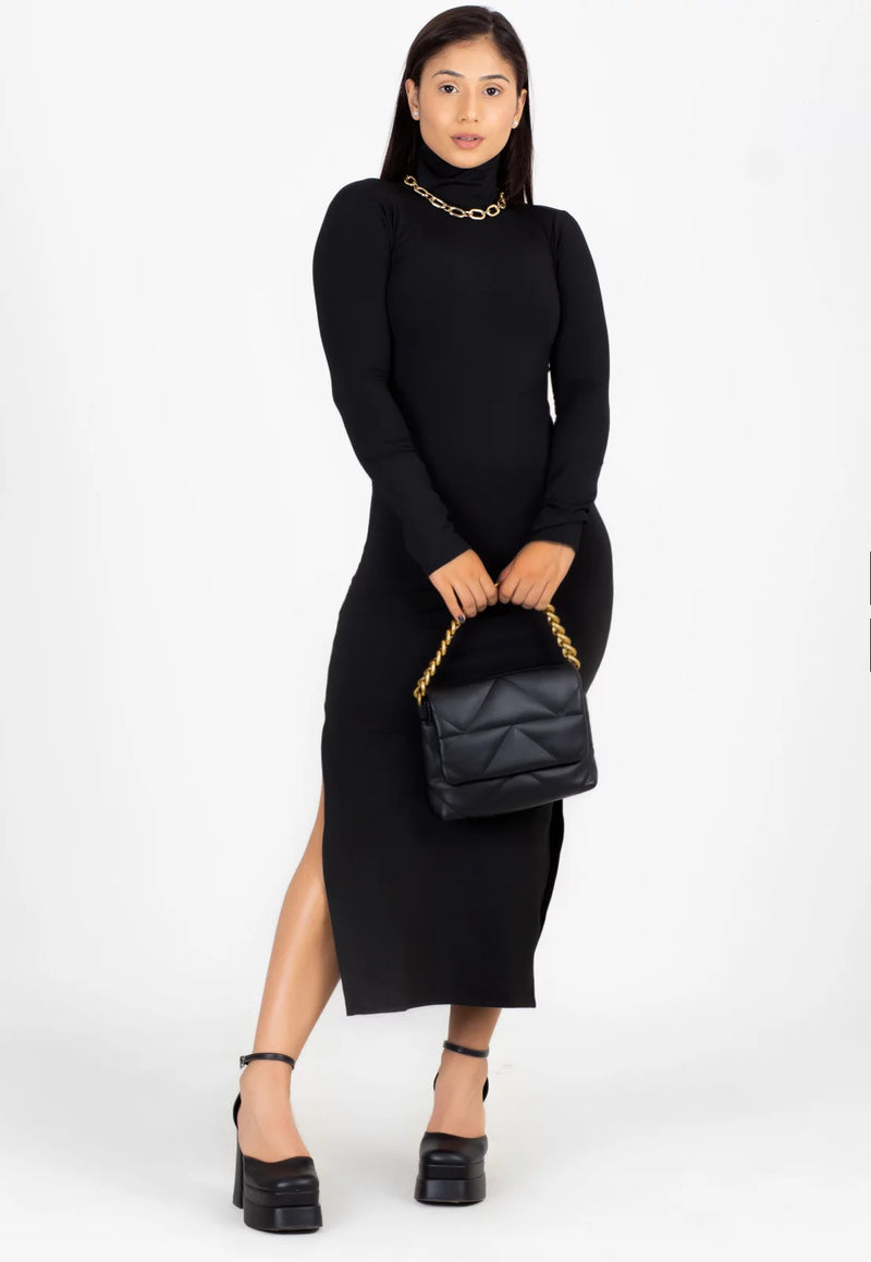 Vestido Midi Manga Longa e Gola Alta Fenda Preto