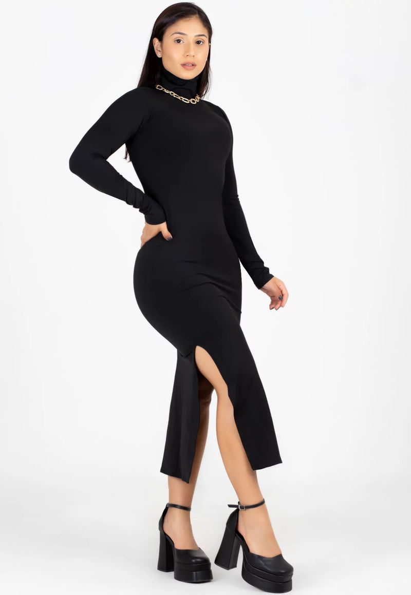 Vestido Midi Manga Longa e Gola Alta Fenda Preto