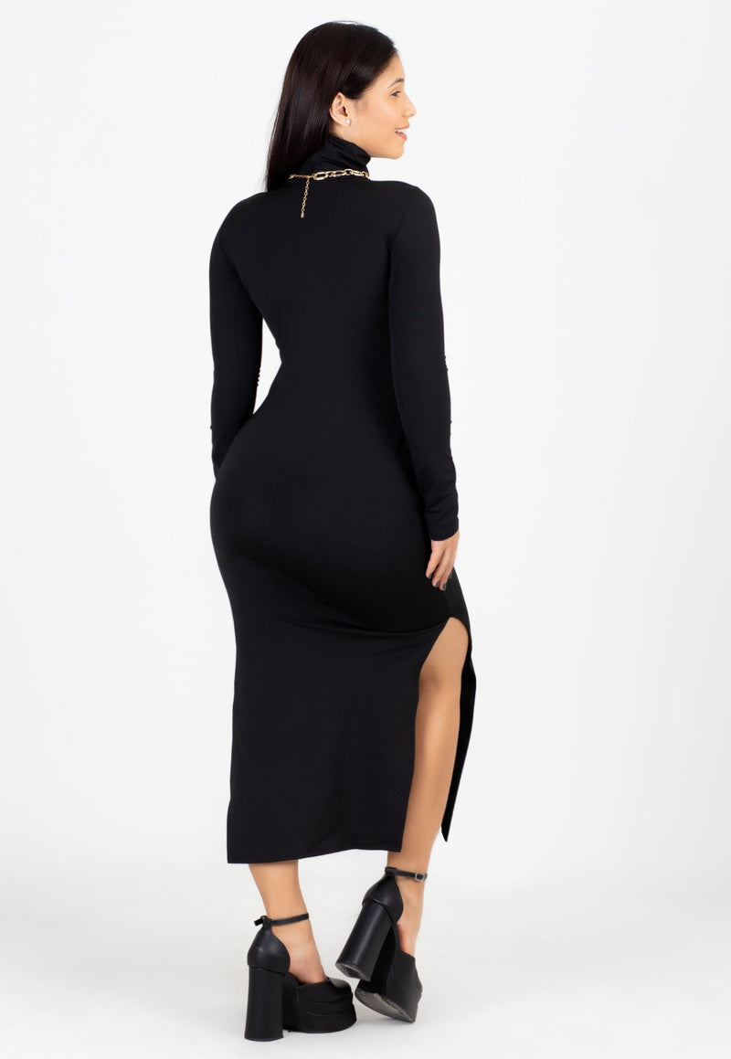 Vestido Midi Manga Longa e Gola Alta Fenda Preto