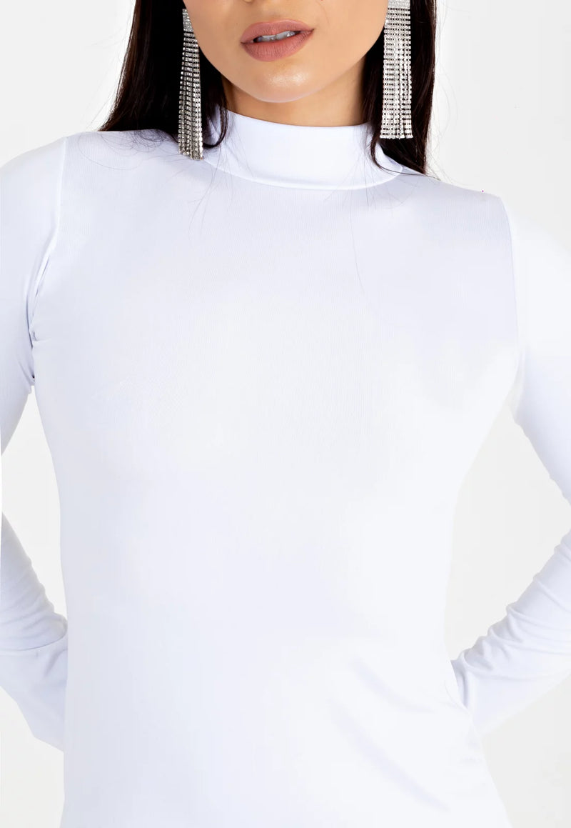 Vestido Feminino Manga Longa e Gola Alta Tubinho Branco