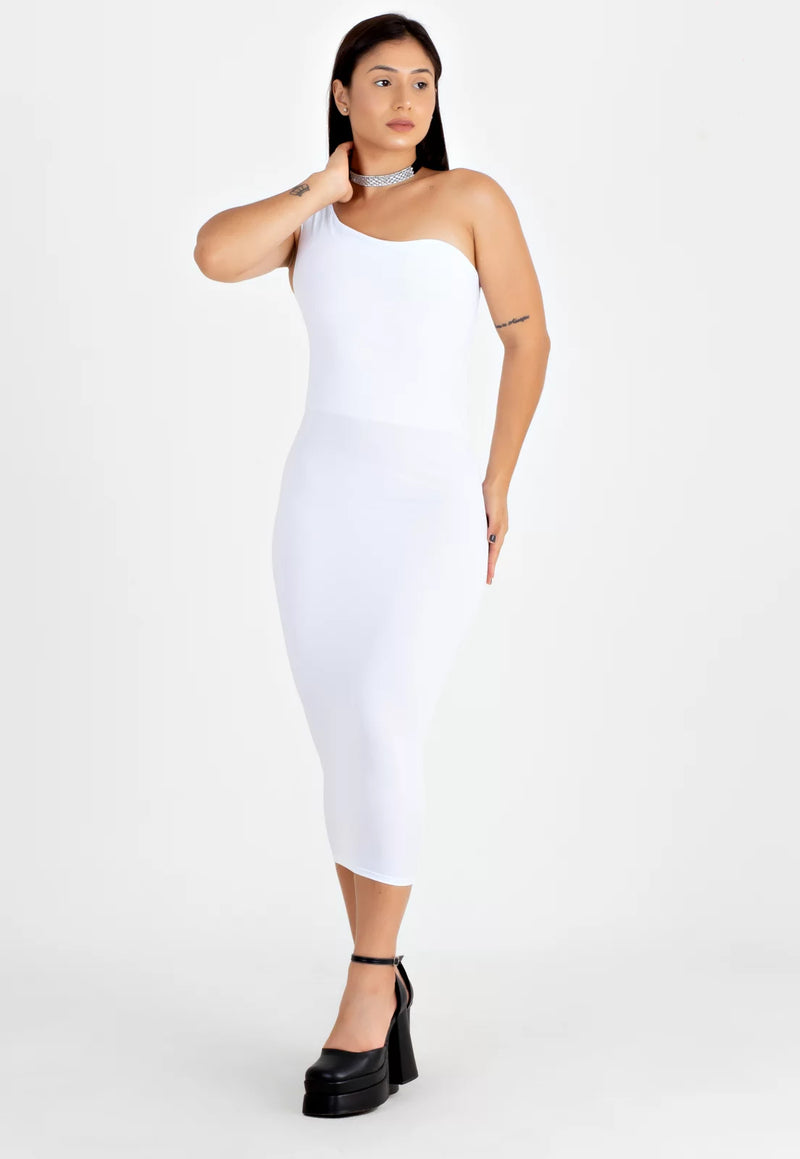 Vestido Midi Tubinho com Fenda e Manga Única Branco | NR22