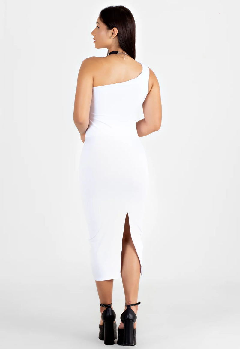 Vestido Midi Tubinho com Fenda e Manga Única Branco | NR22