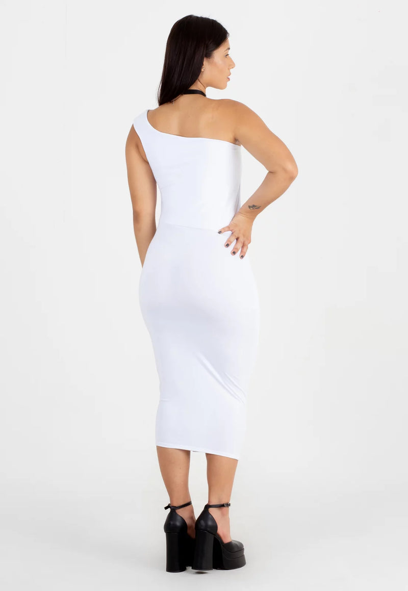 Vestido Midi Tubinho com Fenda e Manga Única Branco | NR22