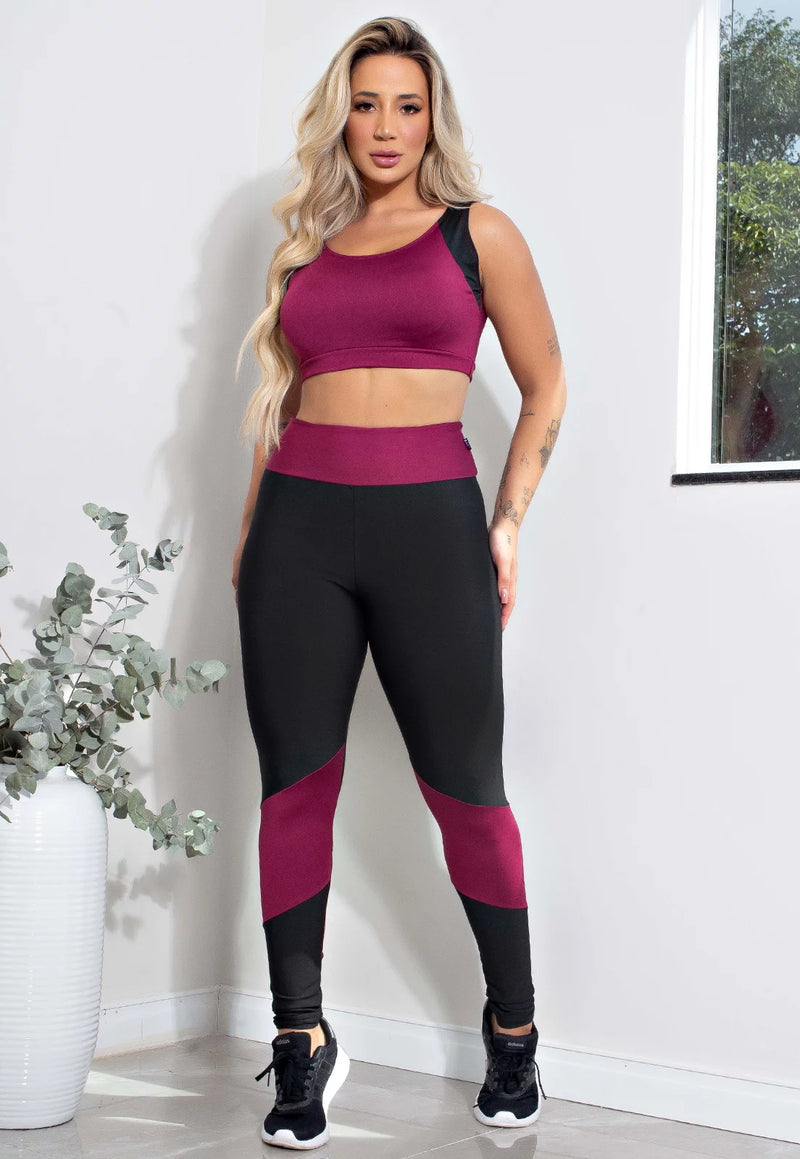 Conjunto Calça Legging e Cropped Fitness Preto e Marsala