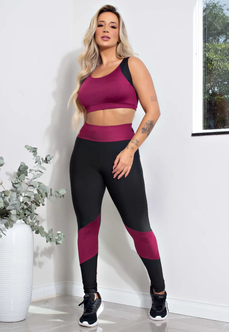 Conjunto Calça Legging e Cropped Fitness Preto e Marsala