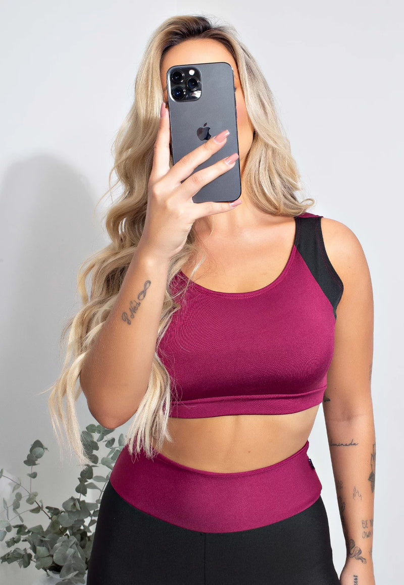 Conjunto Calça Legging e Cropped Fitness Preto e Marsala