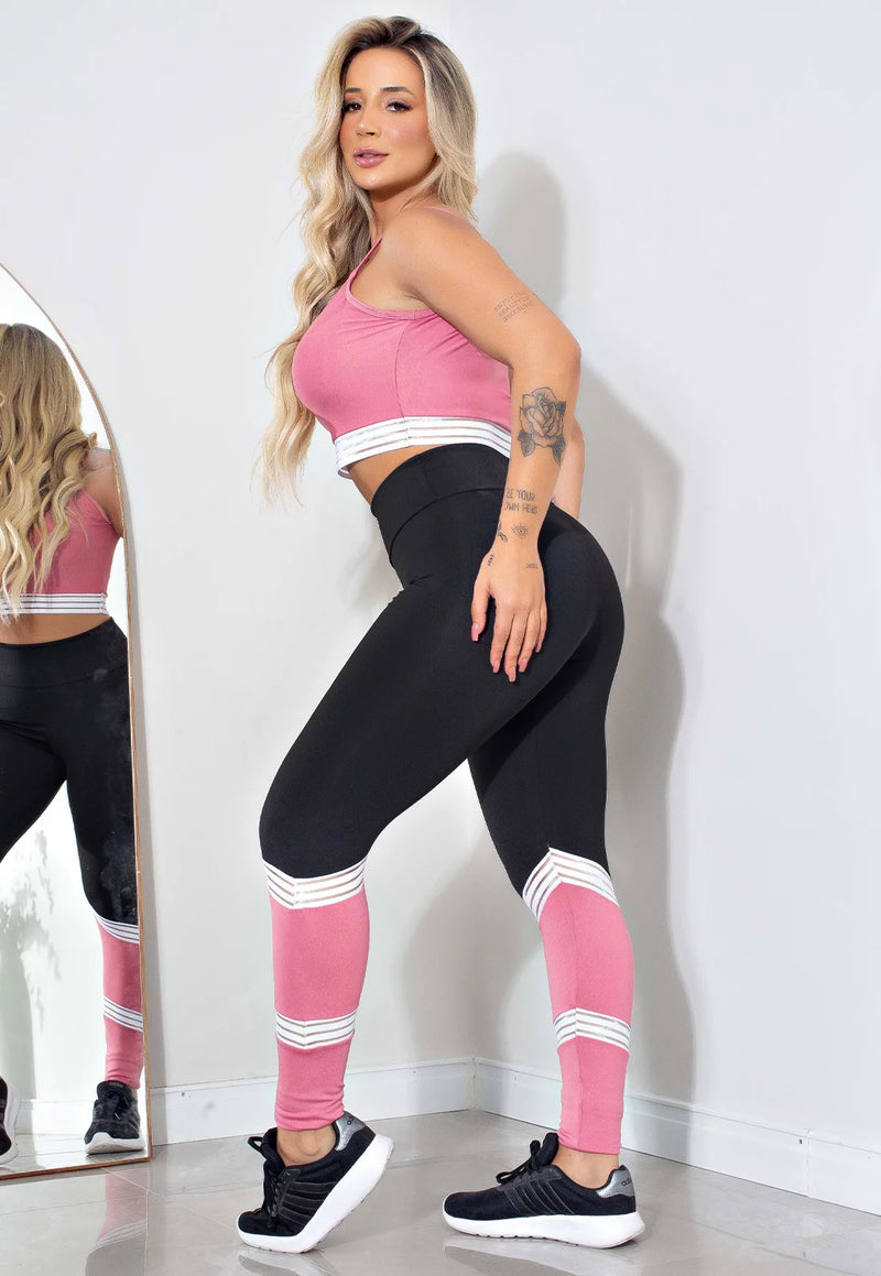 Conjunto Calça Legging e Cropped Fitness Preto e Rose com Detalhe Branco