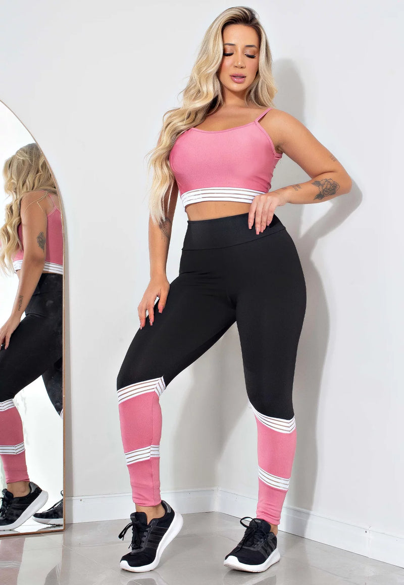 Conjunto Calça Legging e Cropped Fitness Preto e Rose com Detalhe Branco