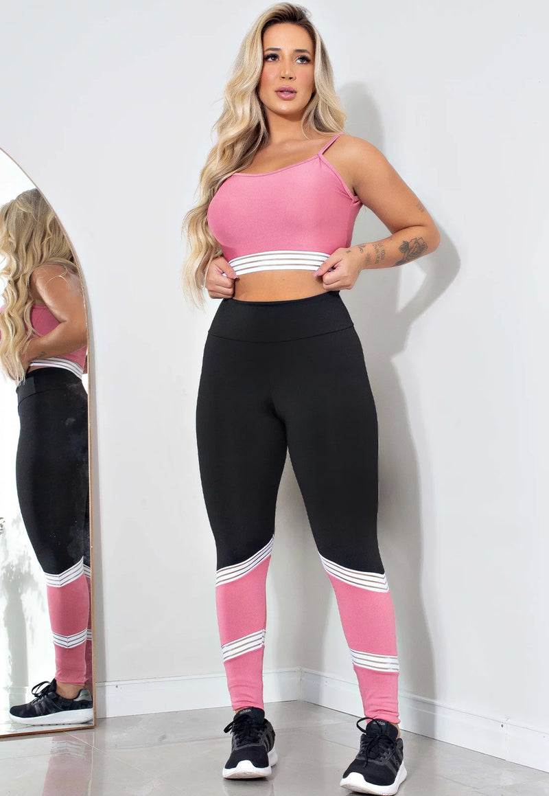 Conjunto Calça Legging e Cropped Fitness Preto e Rose com Detalhe Branco